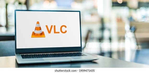 POZNAN, POL - SEP 23, 2020: Laptop Computer Displaying Logo Of VLC Media Player, A Cross-platform Media Player Software And Streaming Media Server Developed By The VideoLAN Project