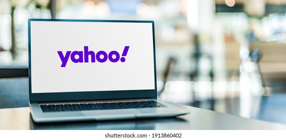 POZNAN, POL - SEP 23, 2020: Laptop computer displaying logo of Yahoo, a web services provider headquartered in Sunnyvale, California and owned by Verizon Media