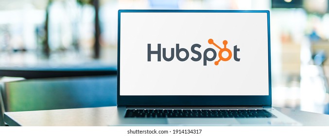 POZNAN, POL - SEP 23, 2020: Laptop computer displaying logo of HubSpot, an American developer and marketer of software products for inbound marketing, sales, and customer service
