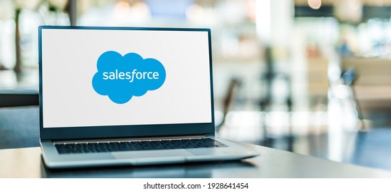 POZNAN, POL - SEP 23, 2020: Laptop computer displaying logo of Salesforce.com, an American cloud-based software company. It provides customer relationship management (CRM) service