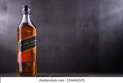 POZNAN, POL - SEP 27, 2018: Bottle of Johnnie Walker, the most widely distributed brand of blended Scotch whisky in the world with sales of over 130 million bottles a year.