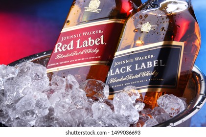 POZNAN, POL - SEP 5, 2019: Bottles of Johnnie Walker, the most widely distributed brand of blended Scotch whisky in the world with sales of over 130 million bottles a year.