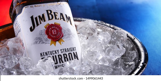 POZNAN, POL - SEP 5, 2019: Bottle of Jim Beam, one of best selling brands of bourbon in the world, produced by Beam Inc. in Clermont, Kentucky