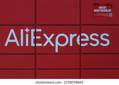 Poznan, Poland. 19 May 2022: Logo New AliExpress Parcel Locker In Warsaw Capital City. AliExpress Is An Chinese Online Retail Service. Close-up.