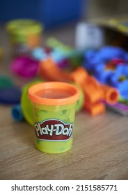 POZNAN, POLAND - Apr 03, 2022: A Vertical Play Doh Brand Clay In A Plastic Container On A Table 