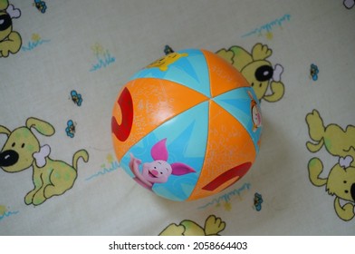 POZNAN, POLAND - Apr 17, 2015: A Soft Play Ball On The Carpet Floor In Poznan, Poland