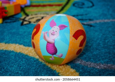 POZNAN, POLAND - Apr 17, 2015: A Soft Play Ball On The Carpet Floor In Poznan, Poland