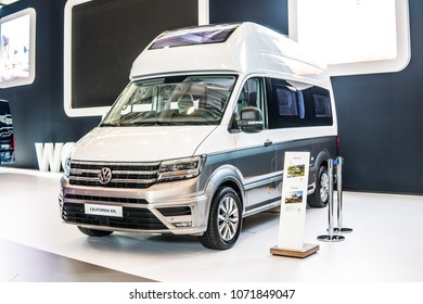 Poznan, Poland, April 05, 2018: Metallic Silver Camper Volkswagen VW Multivan California XXL At Poznan International Motor Show, Produced By German Automaker Volkswagen Group 