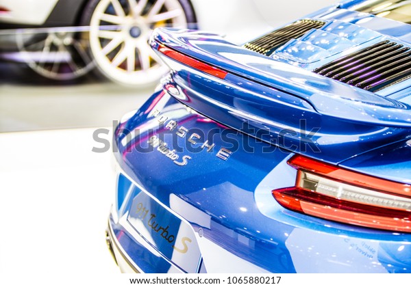 Poznan, Poland,\
April 05, 2018: metallic blue Porsche 911 Turbo S at Poznan\
International Motor Show, high performance rear-engined classic\
German sports car made by Porsche\
AG