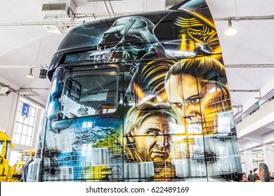 Poznan, Poland, April 06-09, 2017: MOTOR SHOW, International Car Fair: Truck With Custom Beautiful Airbrush Paintings Go Vader, Star Wars Theme