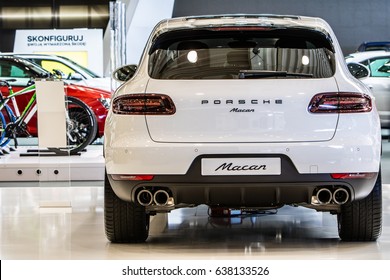 Poznan, Poland, April 06-09, 2017: MOTOR SHOW, International Car Fair: shiny modern sport auto Porsche Macan