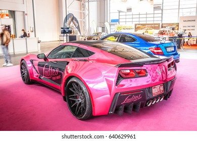 Poznan, Poland, April 06-09, 2017: MOTOR SHOW, International Car Fair: Ladies Fight Night Chevrolet Corvette Bachelorette Party