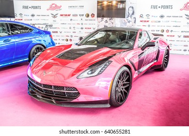 Poznan, Poland, April 06-09, 2017: MOTOR SHOW, International Car Fair: Ladies Fight Night Chevrolet Corvette Bachelorette Party