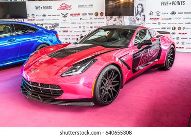 Poznan, Poland, April 06-09, 2017: MOTOR SHOW, International Car Fair: Ladies Fight Night Chevrolet Corvette Bachelorette Party