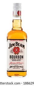 POZNAN, POLAND - APRIL 16, 2014: Jim Beam, one of best selling brands of bourbon in the world, produced by Beam Inc. in Clermont, Kentucky.