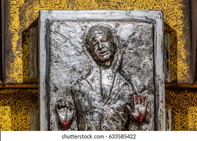 Poznan, Poland, April 29, 2017 Pyrkon - Fantasy Convent - Star Wars Han Solo played by Harrison Ford frozen in carbonite