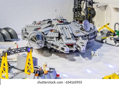 Poznan, Poland, April 29, 2017 Pyrkon - Fantasy Convention - Star Wars Lego Rebel Base in Battle of Hoth, R2D2 near Falcon Millenium