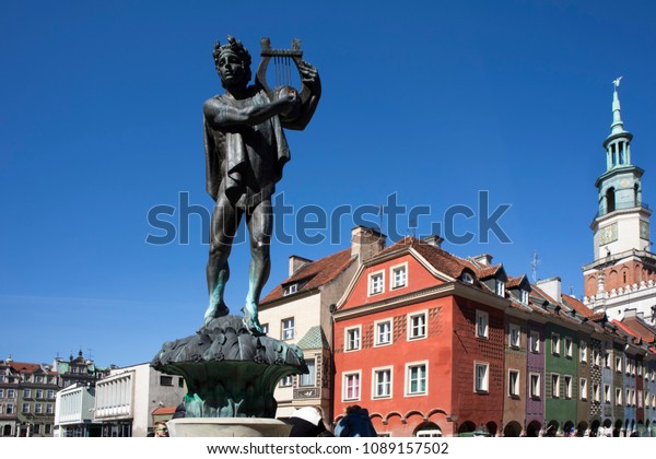 Poznan, Poland, April 30, 2018: Old Market sqaure. Orpheus statue and Town Hall