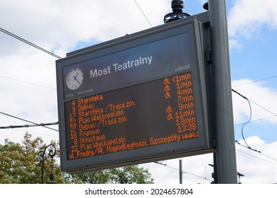 POZNAN, POLAND - Aug 11, 2016: An Electric Public Transport Timetable On The Most Teatralny, Poland