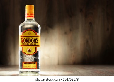 POZNAN, POLAND - DEC 8, 2016: Gordon's is a brand of the world's best selling London Dry gin. It is owned by the British spirits company Diageo.