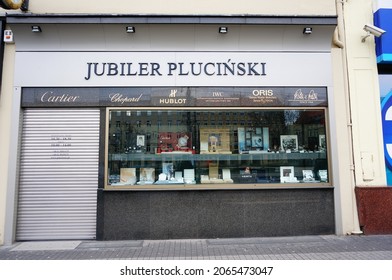 POZNAN, POLAND - Feb 01, 2015: A Street View Of An Exterior Of A Plucinski Jewelry Store With A Locked Entrance, Poznan, Poland