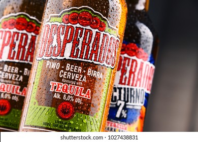 POZNAN, POLAND - FEB 14, 2018: Desperados, a pale lager flavored with tequila is a popular beer produced by Heineken and sold in over 50 countries. 