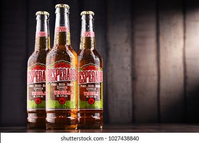 POZNAN, POLAND - FEB 14, 2018: Desperados, a pale lager flavored with tequila is a popular beer produced by Heineken and sold in over 50 countries. 
