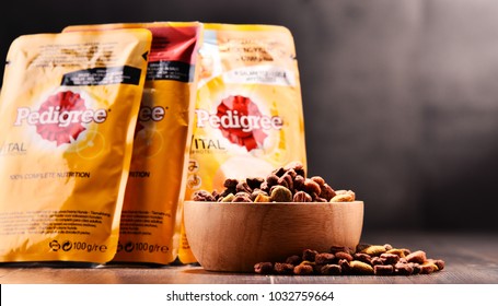 POZNAN, POLAND - FEB 21, 2018: dog food products of Pedigree Petfoods, subsidiary of the American group Mars, Incorporated, headquartered in McLean, Virginia, U.S. 