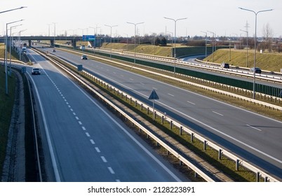 Poznan, Poland - February 12th 2022 - Polish A2 motorway with cars and trucks.