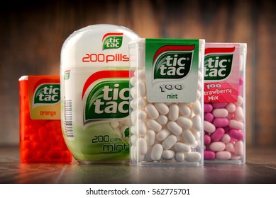 POZNAN, POLAND - JAN 19, 2017: Tic Tac is a brand of hard mints, manufactured by the Italian confectioner Ferrero, available in a variety of flavors in over 100 countries