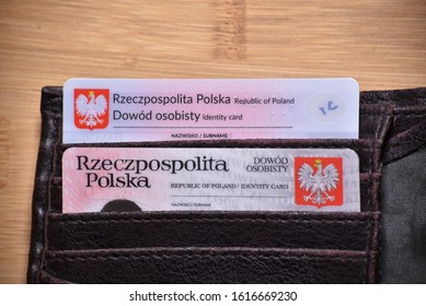 Poznan, Poland - January 15, 2020: Old And Top One New With Chip Polish ID Card In Wallet. Translation Of Description: Republic Of Poland, Identity Card Surname.