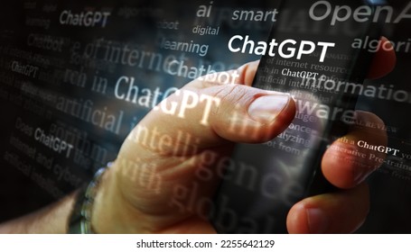 Poznan, Poland, January 25, 2023: ChatGPT  media on display with OpenAI, chat gpt ai bot. Searching on tablet, pad, phone or smartphone screen in hand. Abstract concept news titles 3d illustration. - Shutterstock ID 2255642129
