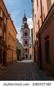 Poznan, Poland. July 11, 2021. Editorial picture of one of the towers in the Poznan Fara church. The full name of church is Basilica of Our Lady of Perpetual Help, Mary Magdalene and Saint Stanislaus