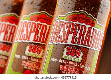 POZNAN, POLAND - JULY 14, 2016: Desperados, a pale lager flavored with tequila is a popular beer produced by Heineken and sold in over 50 countries. 