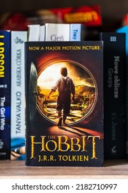 POZNAN, POLAND - Jun 14, 2022: A Beautiful Shot Of Tolkien's The Hobbit Book Standing On A Shelf