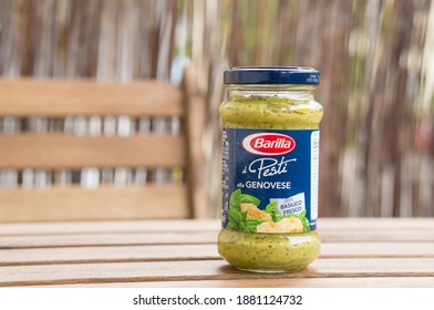 POZNAN, POLAND - Jun 28, 2016: Barilla Green Pesto In A Glass Jar On A Table