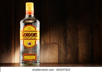 POZNAN, POLAND - JUNE 22, 2016: Gordon's is a brand of the world's best selling London Dry gin. It is owned by the British spirits company Diageo.