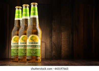 POZNAN, POLAND - JUNE 22, 2016: Somersby Cider Is A Brand Of 4.5% Abv Cider Produced By Danish Brewing Company Carlsberg Group. It Is Being Sold In More Than 46 Countries.