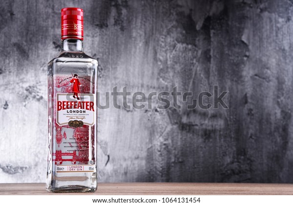 POZNAN, POLAND - MAR 30,\
2018: Bottle of Beefeater Gin, a brand of gin owned by Pernod\
Ricard and bottled and distributed in the UK, by the company of\
James Burrough.