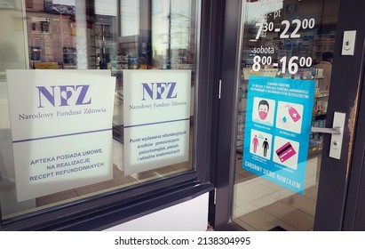 Poznan, Poland - March 16, 2022: Entrance To Pharmacy In Poland. Signs And Information On Polish Drugstore. Warning About Social Distance And Wearing Mask In Pharmacy. Door Window, Glass, Polish Words