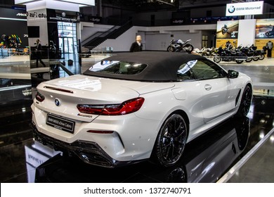 Poznan, Poland, March 28, 2019: BMW The 8 Series Cabrio M850i at Poznan International Motor Show, 8-class cabriolet car manufactured and marketed by BMW 