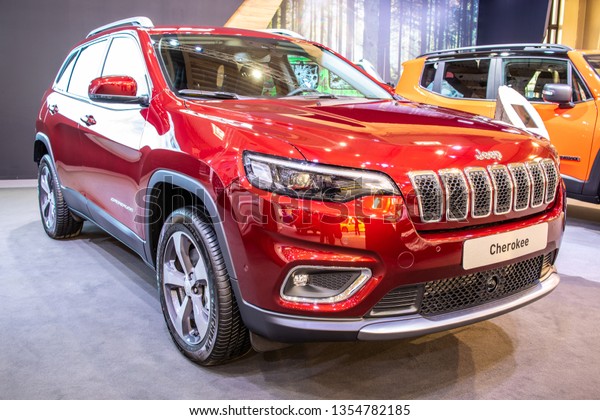 Poznan, Poland, March 28,\
2019: Jeep Cherokee 4x4 at Poznan International Motor Show, Fifth\
generation (KL), Mid-size SUVs produced by the American\
manufacturer Jeep
