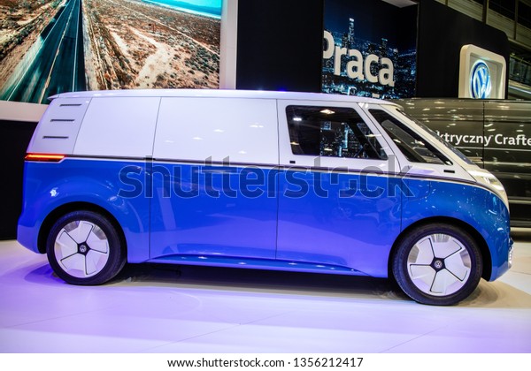 Poznan, Poland, March 28, 2019: white blue Volkswagen VW\
I.D. Buzz Cargo electric delivery van Concept Prototype Car at\
Poznan International Motor Show, EV ID Buzz Cargo created by\
Volkswagen 