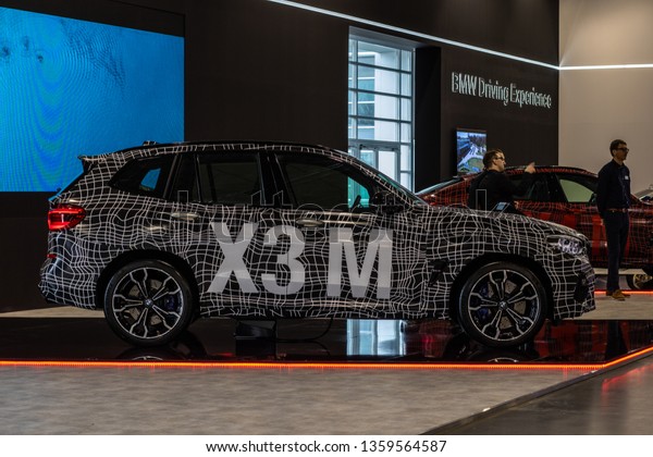 Poznan, Poland, March 28, 2019: BMW X3 M Competition
with camouflage at Poznan International Motor Show, Third
generation, G01, compact luxury crossover SUV manufactured by
German automaker BMW 
