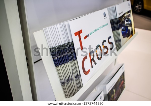 Poznan, Poland, March 28, 2019: brochure,\
catalog, specification, paper information about Volkswagen VW\
T-Cross at Poznan International Motor Show, MQB platform, compact\
SUV produced by\
Volkswagen