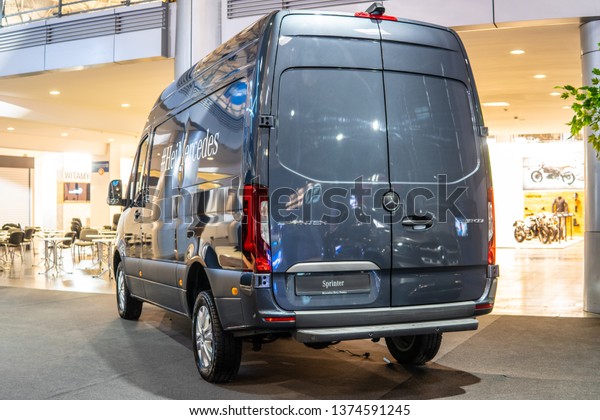Poznan, Poland, March 28, 2019: Mercedes-Benz\
Sprinter at Poznan International Motor Show, Third generation\
produced by Mercedes Benz, light commercial vehicle as van, chassis\
cab minibus pickup\
truck