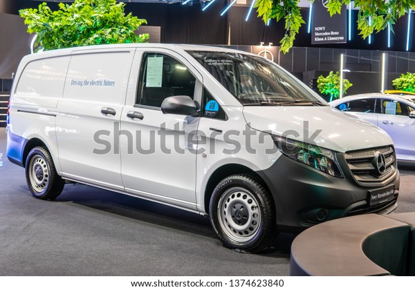 Poznan, Poland, March 28, 2019: electric\
Mercedes-Benz eVito at Poznan International Motor Show, EV produced\
by Mercedes Benz, Third generation, W447, light commercial vehicle\
as cargo van,