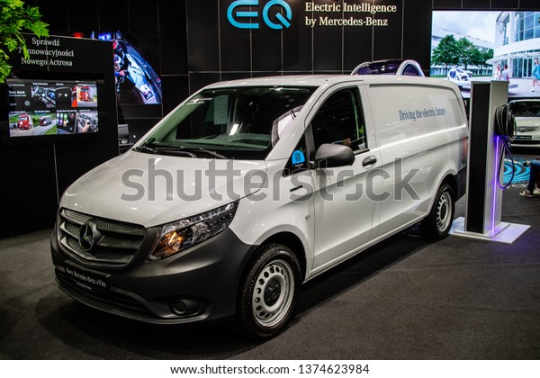 Poznan, Poland, March 28, 2019: electric\
Mercedes-Benz eVito at Poznan International Motor Show, EV produced\
by Mercedes Benz, Third generation, W447, light commercial vehicle\
as cargo van