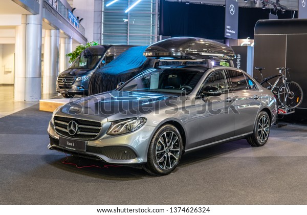Poznan,\
Poland, March 28, 2019: Mercedes Benz E Berline Sedan Limousine\
Sport Edition at Poznan International Motor Show, Fifth generation,\
W213, E-Class car produced by\
Mercedes-Benz