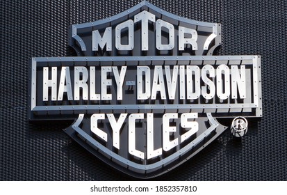 POZNAN, POLAND - MAY 17.2019: Harley Davidson logo shop sign dealership store brand. Metal Harley-Davidson branding displayed in the brand showroom.